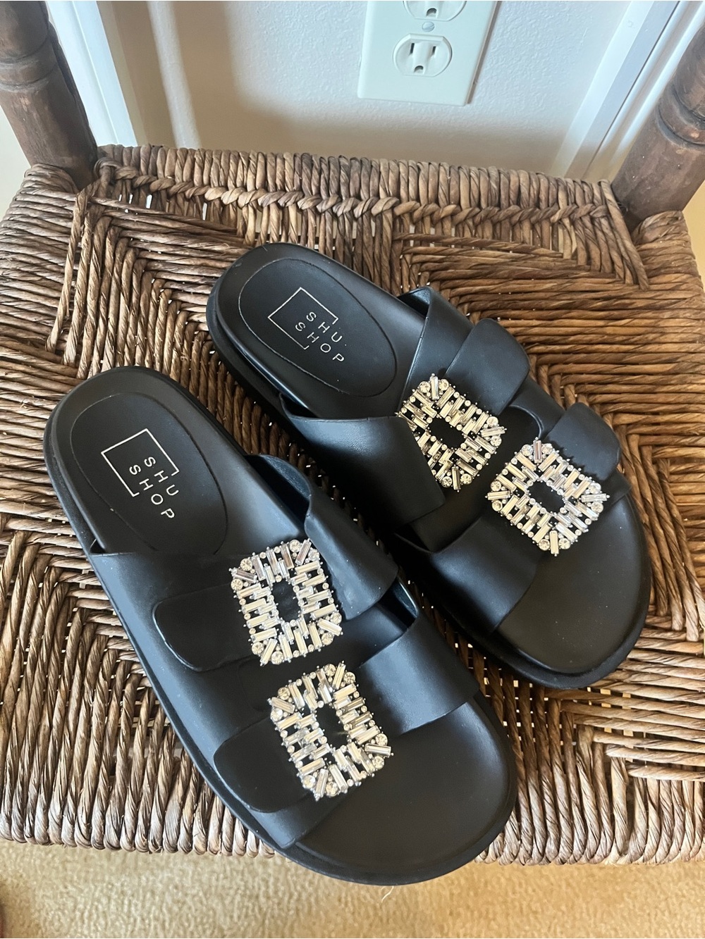 ShuShop Black Slide Sandals with Crystal Buckles